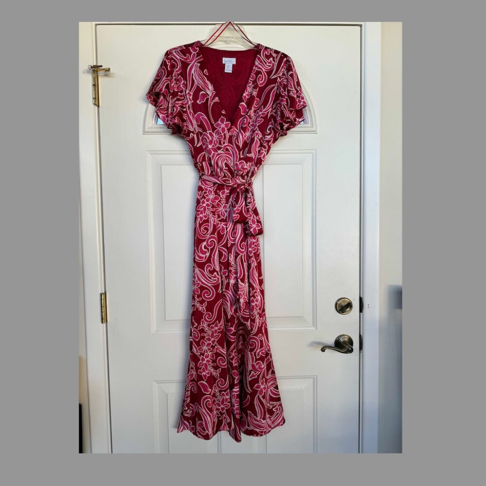 Nicole Miller Pink Floral Satin Flutter Sleeve Wrap Maxi Dress, Size: Lg, EUC